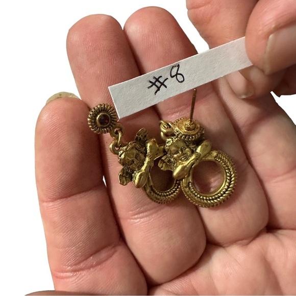 The Vatican Library Gold Toned Cherub Red Rhinestone 1.5” Dangle Hook Earrings - Picture 9 of 9